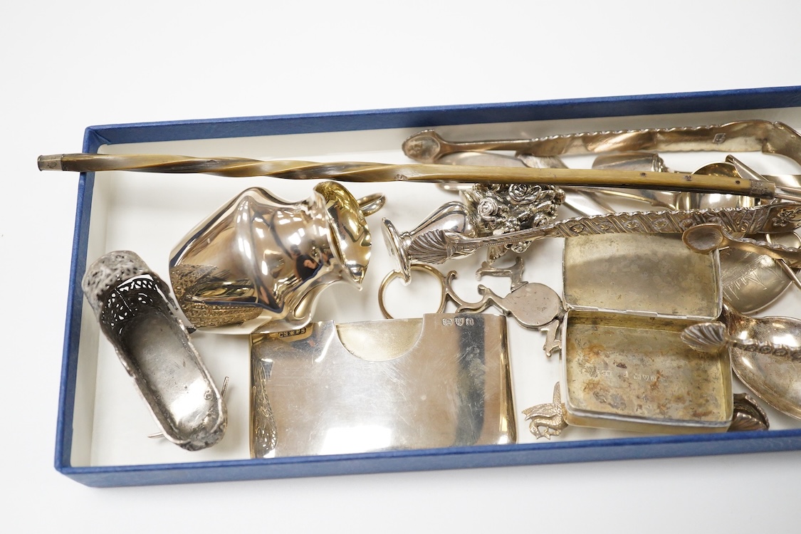 Sundry small silver including two pill boxes, a concave card case, Saunders & Shepherd, Chester, 1897, 79mm, unmarked toddy ladle with baleen handle, 925 flower ornament, small cream jug, two pairs of Georgian sugar tong